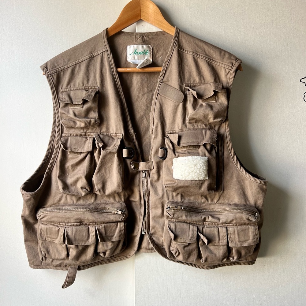 Vintage Ausable Fly Fishing Vest Khaki Outdoor Fishermen Utility Large